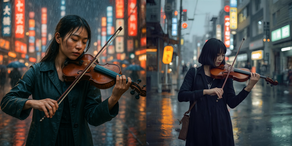 Femmes jouant du violon sous la pluie à Tockyo